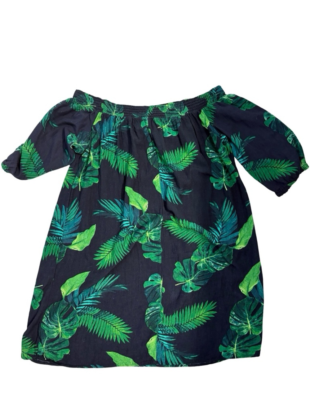Old Navy Off-the-Shoulder Smocked Shift Dress Tropical Leaf XXL Linen Blend - Picture 6 of 11